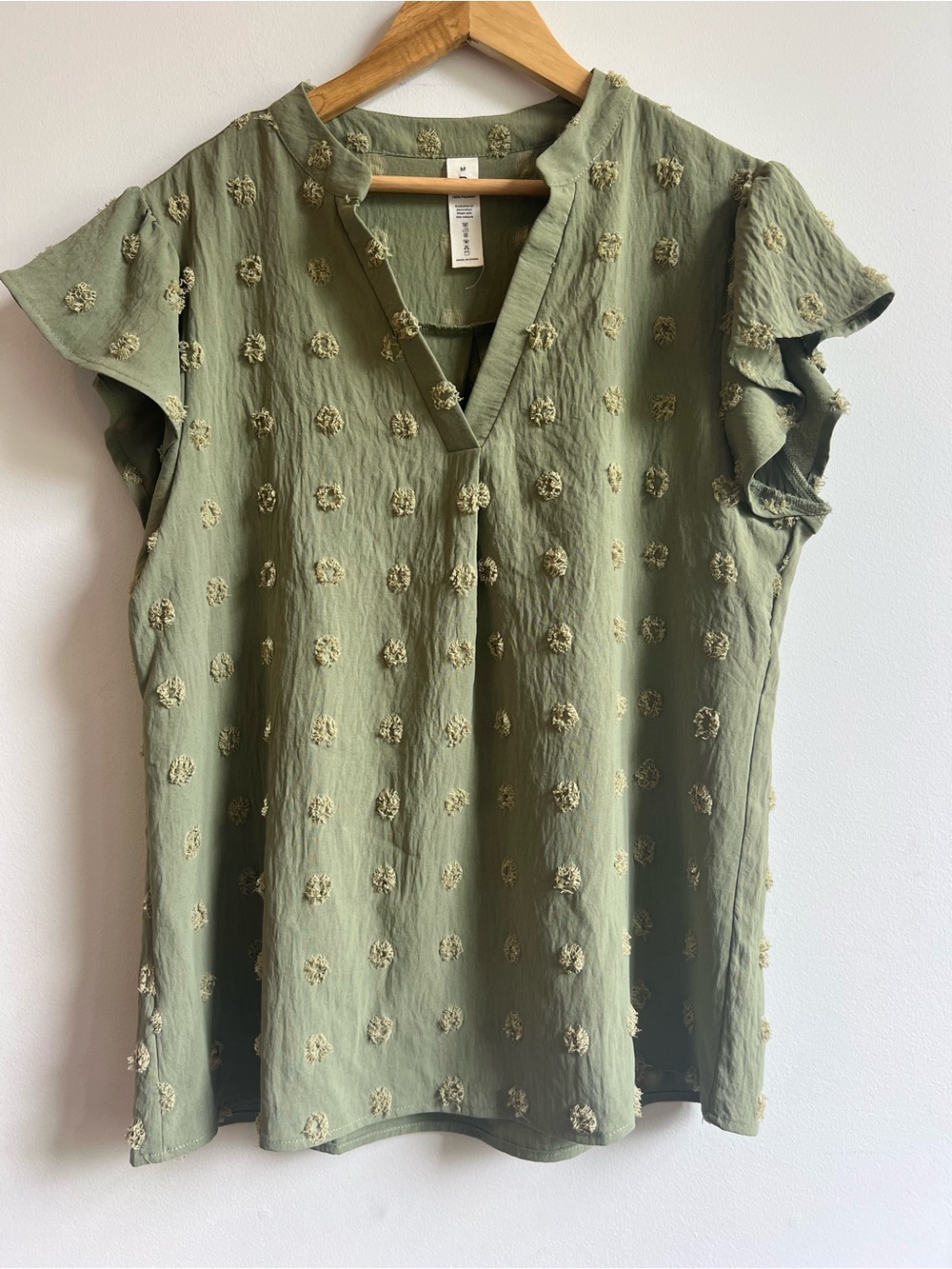Boho Chic Casual Olive Green Textured Floral Embroidered V-Neck M Blouse